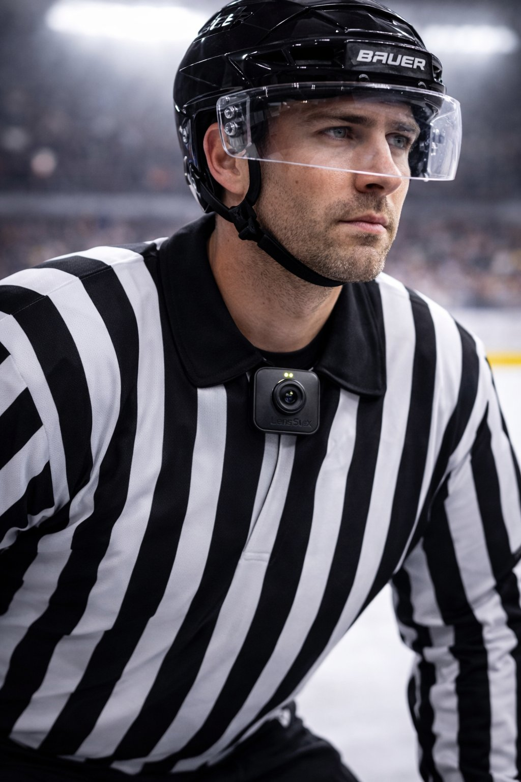 Referee wearing LensX POV camera in hockey